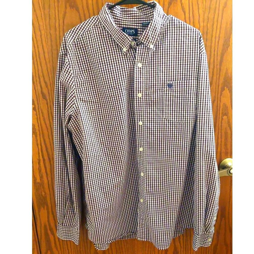 CHAPS Men's XXL Stretch Burgundy Gingham Check Long Sleeve Button Down Shirt